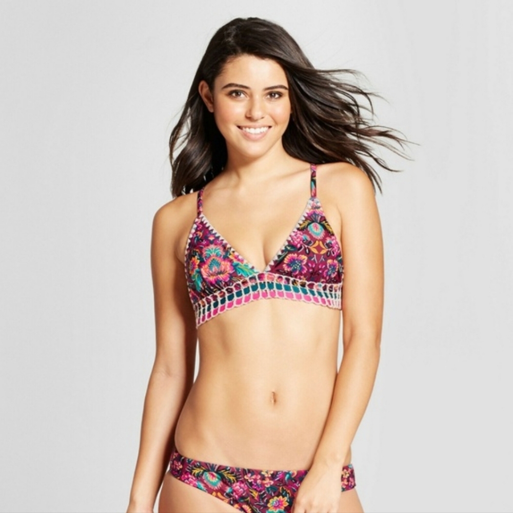 Boho Floral Bikini Burgundy Maroon Multi Crochet Detail Size Small Xhilaration